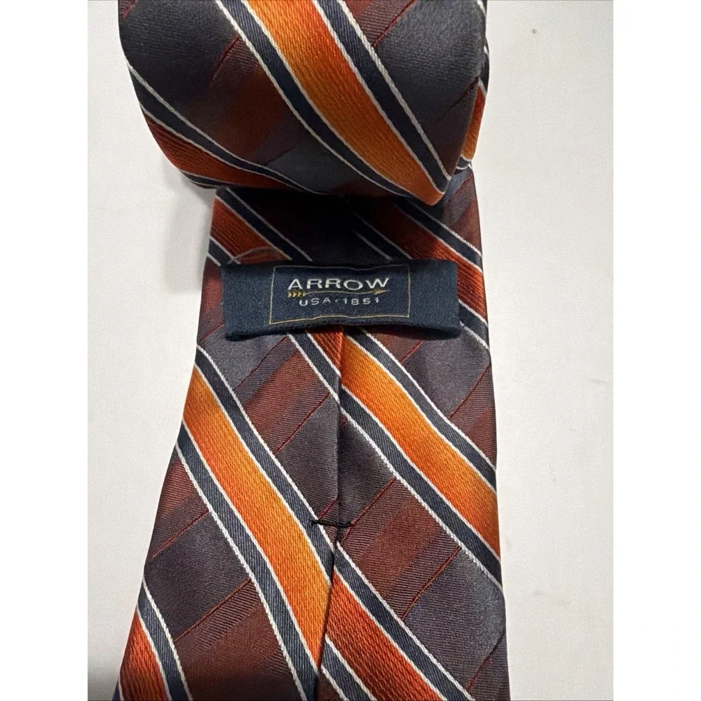 Arrow Mens Silk Necktie Orange Grey Brown Striped Formal Business Tie